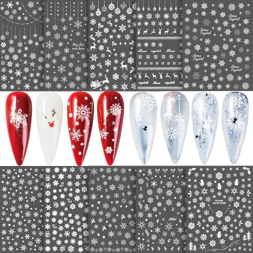 Vista 2 de Calcomanías de uñas de copo de nieve 10 hojas, calcomanías de copo de nieve de Navidad, calcomanías de uñas 3D autoadhesivas, diseño de uñas de tema