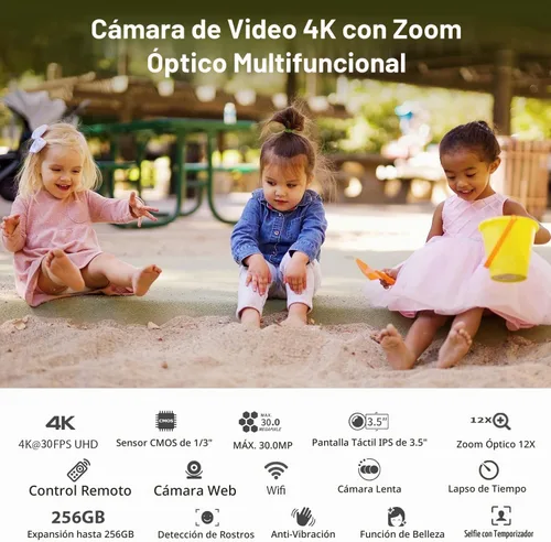 Vista 2 de ORDRO Cámara de video 4K AX65 Videocámara óptica, pantalla táctil IPS de 3.5 pulgadas, cámara de vlogging con zoom óptico 12X para transmisión