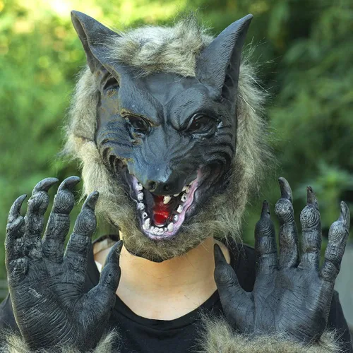 Vista 3 de Bygytyo Máscara de cabeza de lobo y garras de Holloween - Máscara de terror para fiesta de cosplay, disfraz de hombre lobo, regalo perfecto