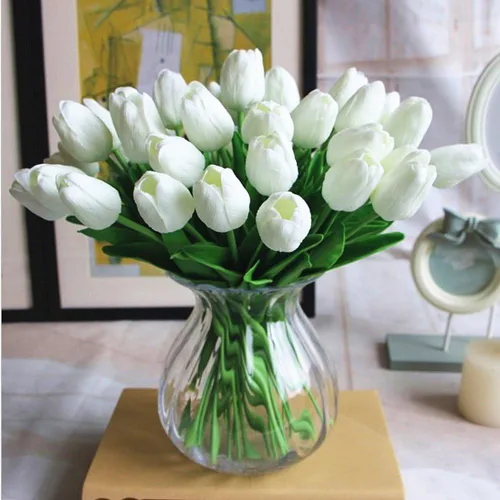 Vista 21 de Tulipanes artificiales de 12 piezas, de tacto real, tulipanes falsos de poliuretano, arreglo floral en ramo para decoración de fiesta en el hogar