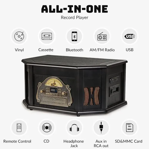 Vista 3 de ORCC Tocadiscos 10 en 1, tocadiscos nostálgicos para discos de vinilo con Bluetooth, 2 altavoces integrados, CD, cassette, radio AM/FM, USB, ranura