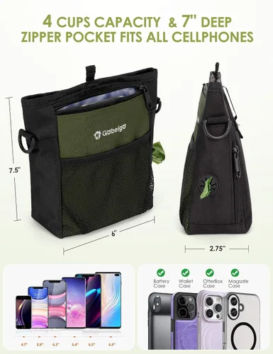 Vista 4 de Bolsa de Golosinas para Perros Gobeigo con Bolsa de Snacks de Silicona, Bolsillo Frontal se Ajusta a Todos los Teléfonos, Bolsa de 4 Tazas con Verde