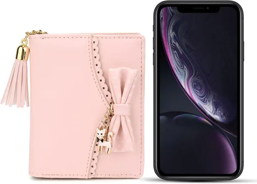 Vista 6 de UTO Cartera para niñas de piel sintética con colgante de gato con borla y cremallera, organizador de tarjetas para mujer, pequeño y lindo monedero