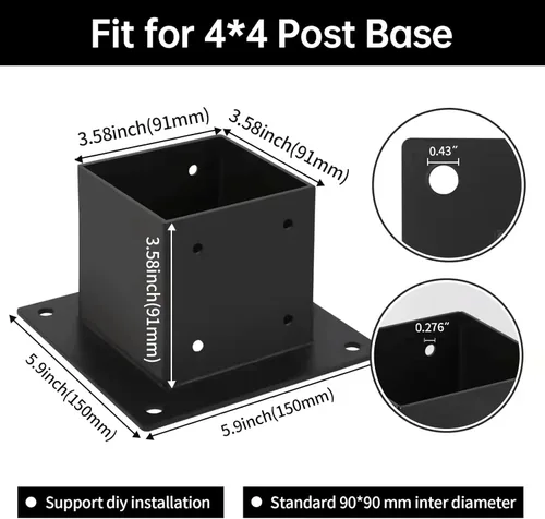 Vista 3 de Base de Poste 4×4, Soportes de Poste de Terraza, Tamaño Interior 3.5"×3.5", Base de Anclaje de Poste de Valla de Acero Grueso, Metal Negro
