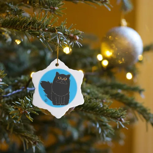 Vista 7 de Janna Salak Designs - Adorno de porcelana de copo de nieve con estampado de patas azules de pelo largo/gato persa negro, 3 pulgadas