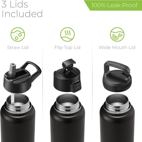 Vista 116 de SIPX™ Botella de Agua Aislada de 18 oz con 3 Tapas – Acero Inoxidable a Prueba de Fugas, Triple Aislamiento – Frío 24 Horas/Caliente 12 Horas – Negro