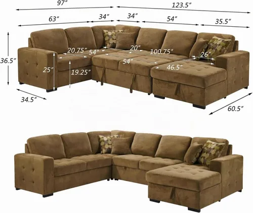 Vista 2 de THSUPER Sofá Seccional con Cama de 123 pulgadas con Cama Extraíble, Sofás Seccionales de Gran Tamaño con Chaise de Almacenamiento Sofás