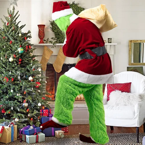 Vista 7 de Christmas Green Monster Costume Adult Deluxe Furry Santa Costumes Halloween Cosplay Outfit for Men