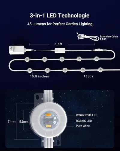 Vista 5 de Luces permanentes para exteriores, luces de Navidad RGBICWWPW de 100 pies con 72 LED triple, IP67 impermeable, 45 lm blanco sintonizable