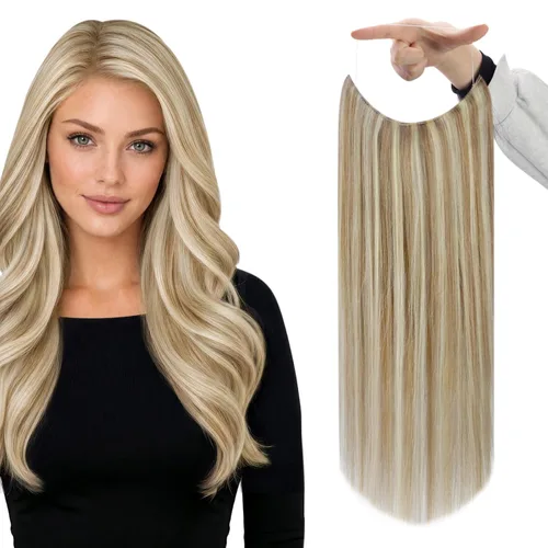 Vista 31 de Fshine - Extensiones de cabello con hilo invisible de 12 pulgadas, color rubio ceniza con reflejos de rubio decolorado, pieza de cabello humano real