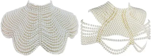 Vista 3 de Collar de gargantilla con cuentas de perlas de imitación para mujer, collar de chal de cadena para el cuerpo, Madera, Perla