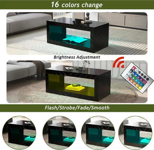 Vista 5 de LUMISOL Mesa de centro LED con almacenamiento abierto, moderna mesa de centro de alto brillo con 16 luces LED de colores, mesa central rectangular