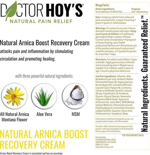 Vista 2 de DOCTOR HOY'S Crema natural de recuperación de árnica, crema para aliviar el dolor muscular y moretones, fórmula homeopática tópica con árnica