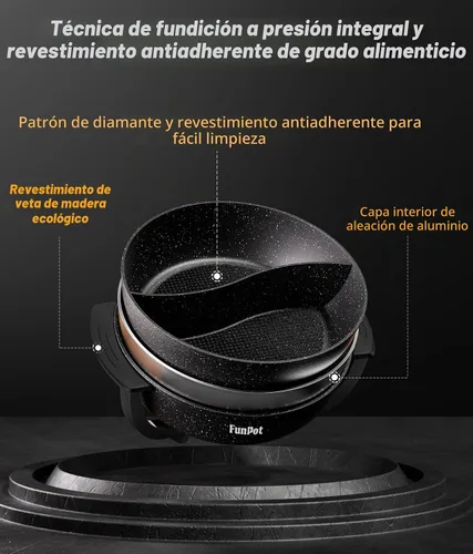Vista 3 de Olla eléctrica de doble cara de 6L con asas frías al tacto, calor ajustable de 1100 W, interior hexagonal antiadherente y protección contra