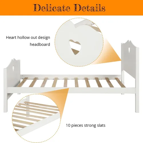 Vista 4 de Cama individual de madera para niñas, con marco, cabecera y piecera para niñas y niños pequeños