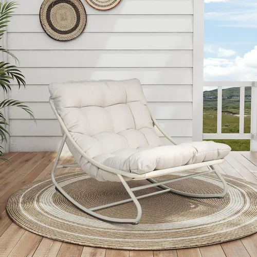 Vista 7 de Silla mecedora para exteriores Grand Patio, mecedora de salón de metal con cojín grueso, balancín moderno y cómodo para patio, porche, terraza, Beige