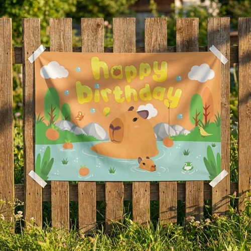 Vista 5 de Capybara - Telón de fondo de cumpleaños de 6 x 3.6 pies – Cartel grande de poliéster divertido para decoración de fiesta con ojales de metal y cinta