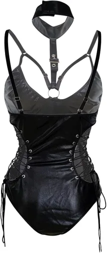 Vista 9 de Lencería para mujer, sexy, traviesa BSDM, de cuero, babydoll de peluche, body de una pieza, halter, negro, tirantes transparentes, 158