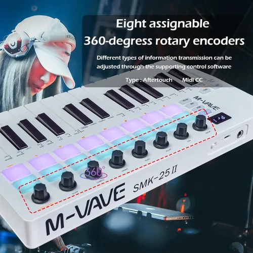 Vista 6 de M-VAVE 25 Teclas 16 Almohadillas de Batería Retroiluminadas Teclado MIDI – Creador de Ritmos Profesional y Keytar para Producción Musical de Teclado