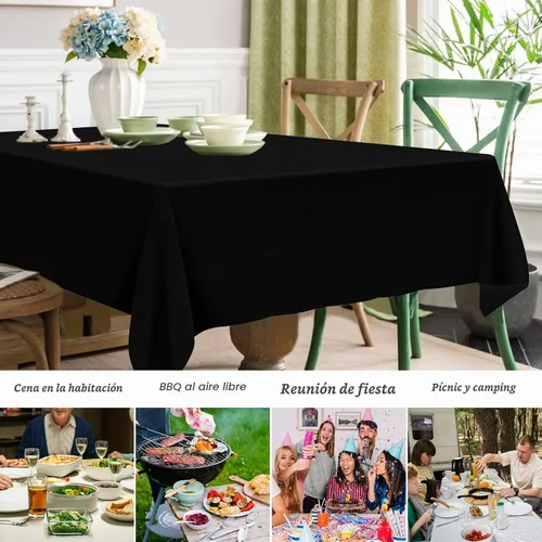 Vista 3 de Mulbozy 2 piezas de mantel de plástico negro para mesa rectangular, 54 × 108 pulgadas, fundas desechables de mesa para fiestas negras