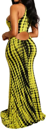Vista 2 de Vestido largo para mujer, sin mangas, con cuello halter y abertura en la espalda, estampado floral y vintage, para fiestas, la playa y para la noche.