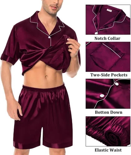 Vista 3 de SWOMOG Mens Silk Pajama Set 2 Pieces Short Sleeve Soft Satin Sleepwear Button Down Pj