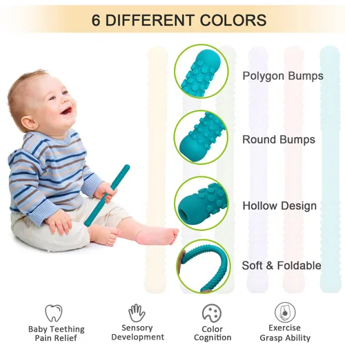 Vista 10 de Tubos de dentición huecos para bebés, niñas y niños, paquete de 6 tubos de silicona para bebés con mordida de lactancia, pajitas masticables