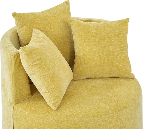 Vista 5 de Moderna silla giratoria tapizada de chenilla, silla giratoria redonda de gran tamaño con 3 almohadas, 4 ruedas para sala de estar, color amarillo