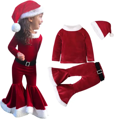 Vista 2 de Conjunto de 3 piezas de disfraz de Papá Noel para niña, de Navidad, con parte inferior acampanada, pantalones de terciopelo
