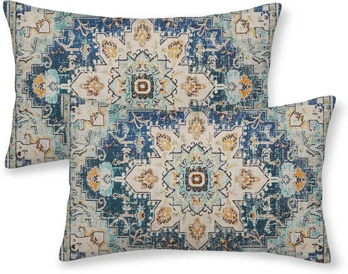 Vista 15 de Fundas de almohada Gohdiwh boho 16 x 16, juego de 2, fundas de almohada decorativas de diseño étnico, fundas de almohada de lino azul