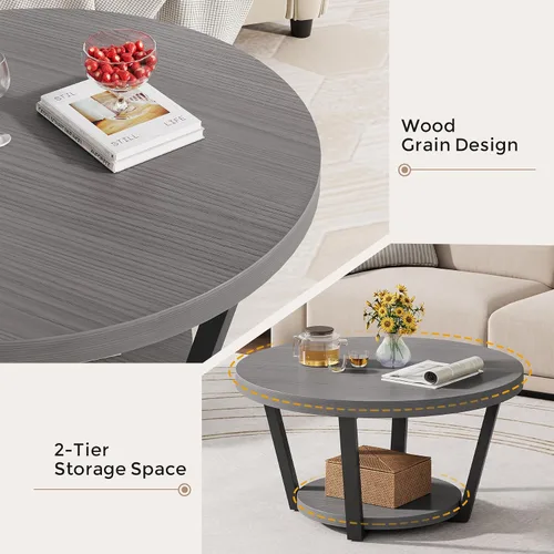 Vista 6 de Mesa de centro redonda con estante de almacenamiento, mesa central de madera de 2 niveles, muebles industriales modernos de sala de estar, gris