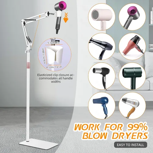 Vista 3 de Soporte para secadora de pelo, altura ajustable de 5.5 ft, soporte para secadora manos libres con base pesada, rotación de 360 grados, funciona