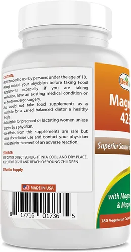 Vista 3 de Best Naturals Magnesio 425 mg 180 cápsulas vegetarianas – Glicinato de magnesio de alta absorción y quelado de óxido de magnesio, sin OMG, sin