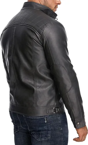 Vista 4 de HOOD CREW Chaqueta de cuero con cuello alto para hombre, chaqueta casual de piel sintética para motocicleta, abrigo con bolsillos con cremallera