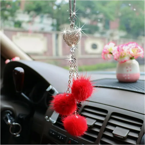 Vista 8 de Ziciner Accesorios de Interior de Coche con Diamantes Brillantes en Forma de Corazón - Adorno Colgante de Corazón y Bola de Felpa Rosa, Encanto