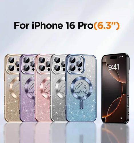 Vista 5 de Misscase Funda para iPhone 16 Pro Case Magnética con Purpurina con Protector Completo de Lente de Cámara, [Compatible con MagSafe] Linda Funda