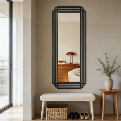 Vista 17 de Espejo de pared rectangular decorativo de 24 x 18 pulgadas con marco de metal negro Geometric Design, HD Mirror, Horizontal/Vertical Hanging, Art