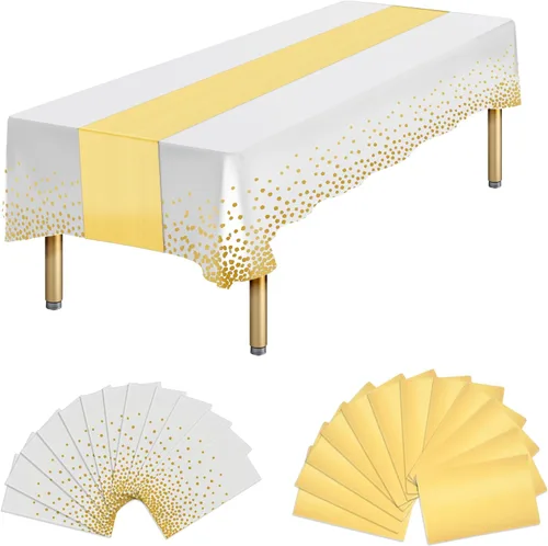 Vista 17 de Paquete de 12 manteles rectangulares de plástico negro desechables y satinados, mantel rectangular negro y dorado para cumpleaños, aniversario