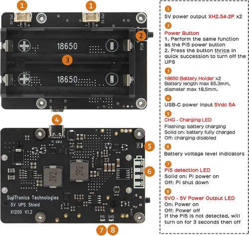 Vista 3 de Geekworm X1200 5V UPS HAT Junta de expansión para Raspberry Pi 5 Max 5.1V 5A Output, Power Management, Auto Power On, Safe Shutdown, Power Loss