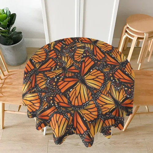 Vista 2 de Mantel redondo lavable impermeable para mesa redonda, diseño de mariposa monarca naranja, para interiores y exteriores, patio, bodas, fiestas, uso