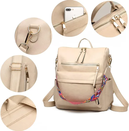 Vista 5 de Mochila para mujer bolsa de viaje de moda multiusos bolso de diseñador para mujer bolso de hombro de piel sintética Beige 123W x 134H x 63T Portátil