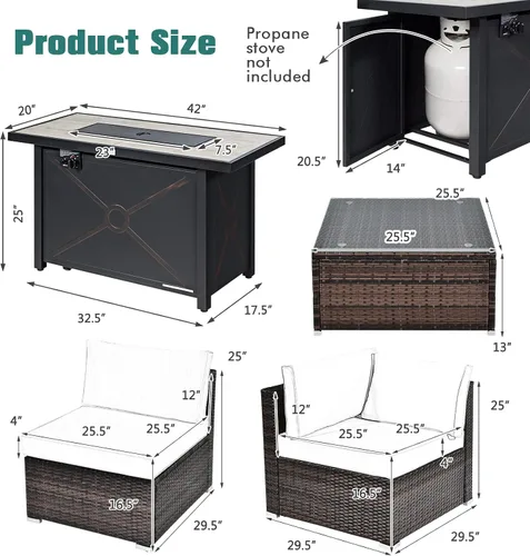 Vista 9 de Tangkula Juego de muebles de patio de 7 piezas con mesa para fogata, incluye mesa rectangular de propano de 42 pulgadas y 60,000 BTU y funda