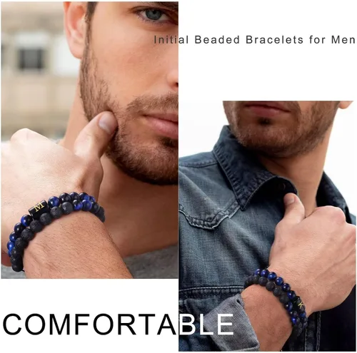 Vista 6 de Pulseras de cuentas con iniciales para hombres, regalos de 0.315 in, ojo de tigre, piedra de lava y roca para hombre, pulsera de cuentas de yoga