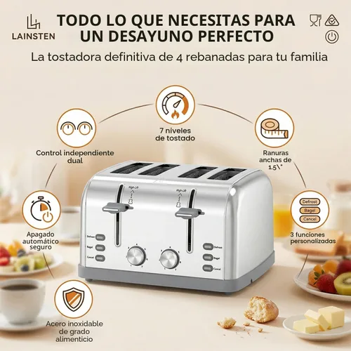 Vista 6 de Tostador retro de 4 rebanadas de acero inoxidable, el mejor tostador Prime de 4 rebanadas con ranura ancha y 7 configuraciones de tostado, perfecto