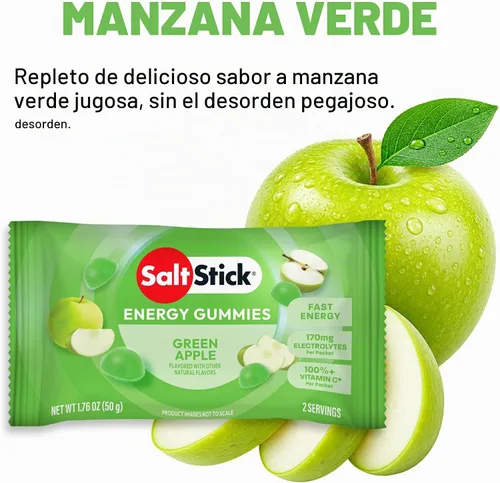 Vista 4 de SaltStick Energy Chews Green Apple Energy Gummies 10 bolsas/20 porciones