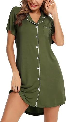 Vista 126 de Samring Camisón de pijama para mujer, manga corta/larga, con botones, camisón para dormir, camisón para novio, talla XXL