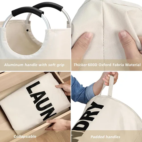 Vista 6 de Maxsilan - Cesta de lavandería grande de 90 L, cesta de ropa alta independiente, bolsa de lavandería plegable, color beige