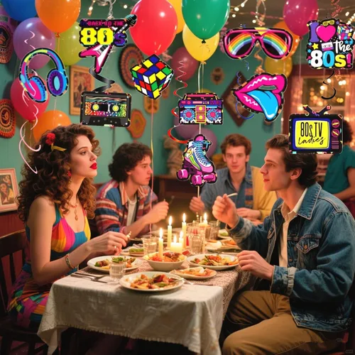 Vista 2 de 20 espirales colgantes para fiestas de cumpleaños de los años 80 y 90, decoraciones coloridas para fiestas (años 80)