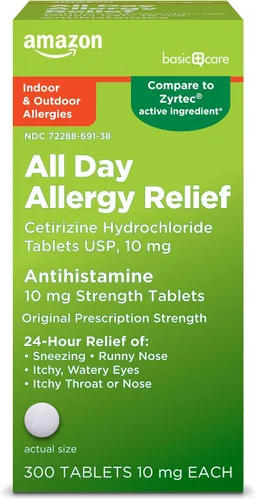 Vista 11 de Amazon Basic Care - Pastillas All Day Allergy de 10 mg de diclorhidrato de cetirizina, antihistamínico, 365 comprimidos