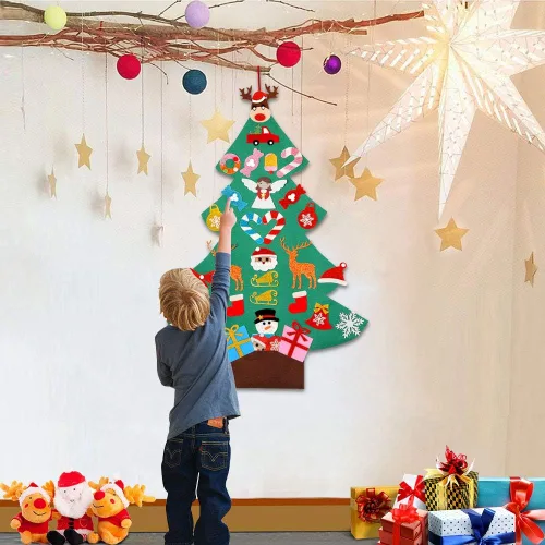 Vista 4 de OurWarm Árbol de Navidad de fieltro para niños, árbol de Navidad de 3 pies con 30 adornos de purpurina para niños, regalos de Navidad, decoración